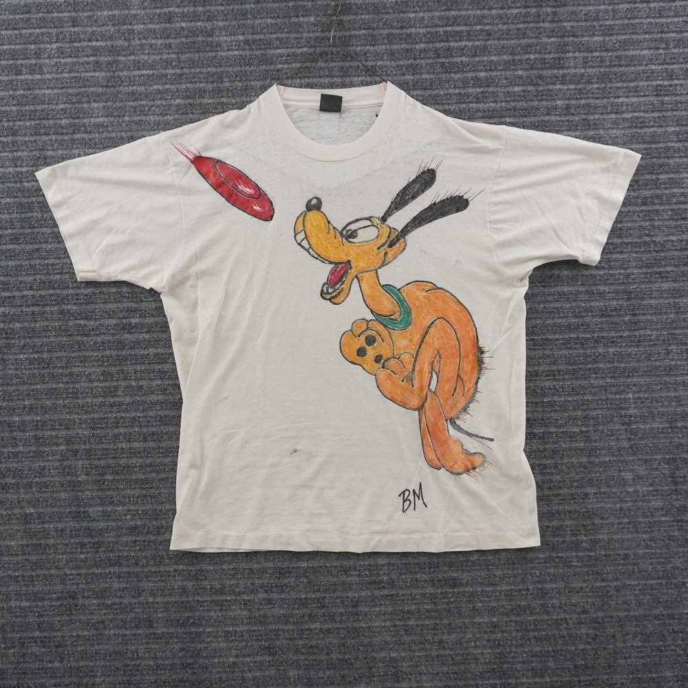 Vintage 80s T-Shirt Mens XL White Pluto Hand Painted Graphic Tee